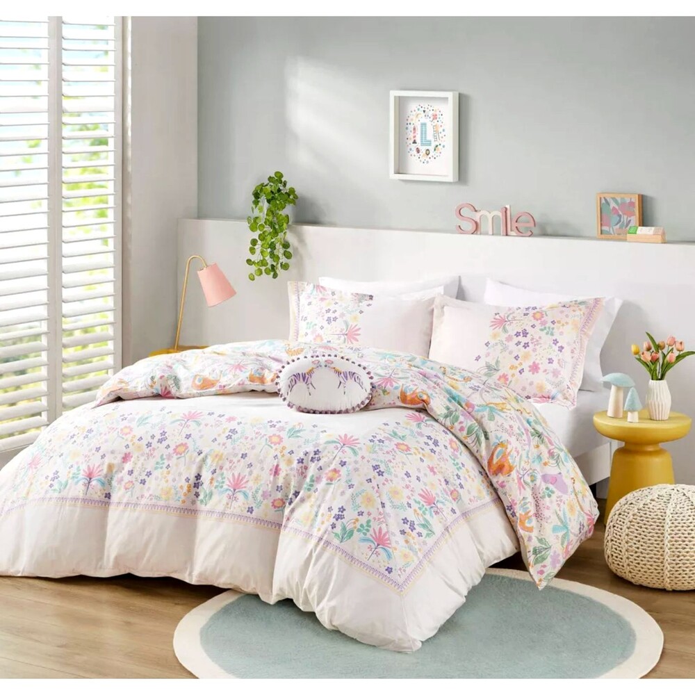 Lulu Reversible TWIN Cotton Duvet Covet Set Throw Pillow Floral Jungle Colorful
